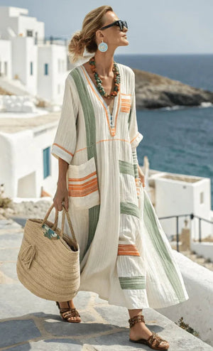 Styled shot of the light pink Elara maxi dress with sandals and a sun hat, perfect for a sunny outing.